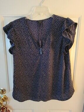Ann Taylor Women's Navy Polka Dot Flutter Sleeve Blouse
